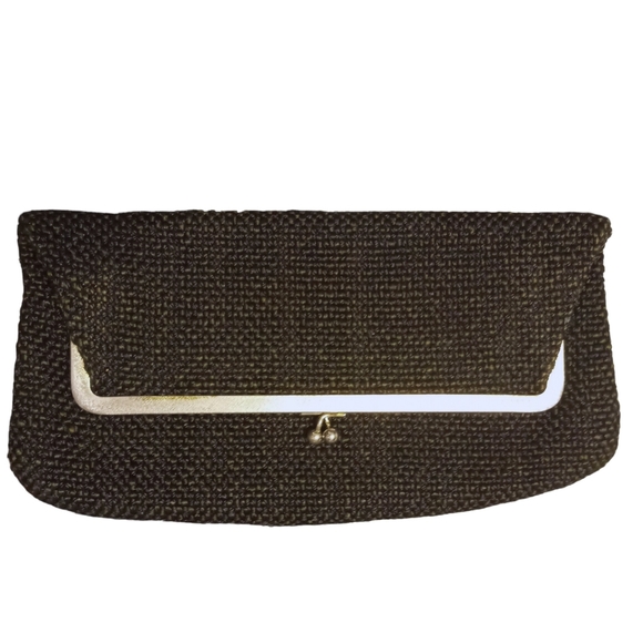 Vintage JR Fabric Wool Tweed Woven Black Purse Clutch Gold Pattern Lining - Picture 5 of 9